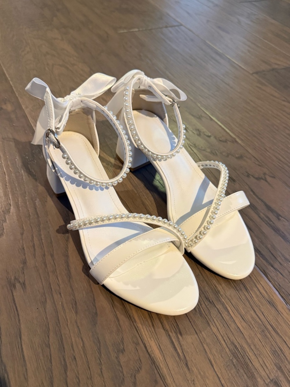 Elegant Pearl-Strap White Women’s Block Wedge Heels with Bows